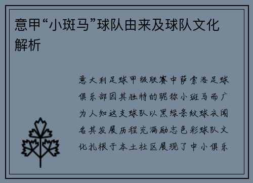 意甲“小斑马”球队由来及球队文化解析