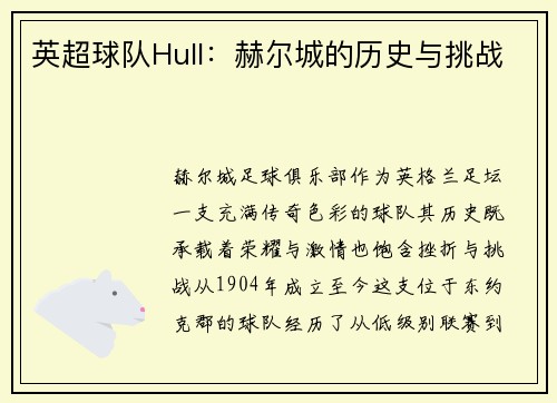 英超球队Hull：赫尔城的历史与挑战